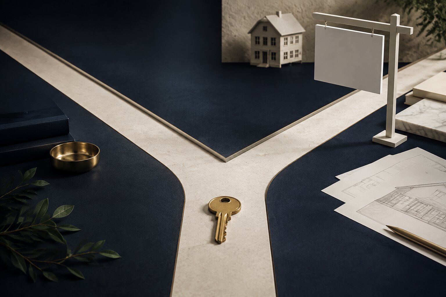 Architectural drawings, property keys, and a notebook representing Real Estate investment strategy
