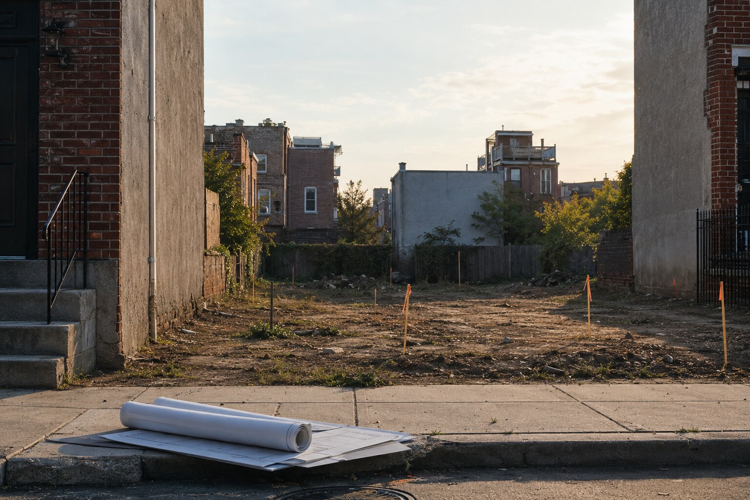 Philadelphia-style infill development site with survey markers and architectural plans