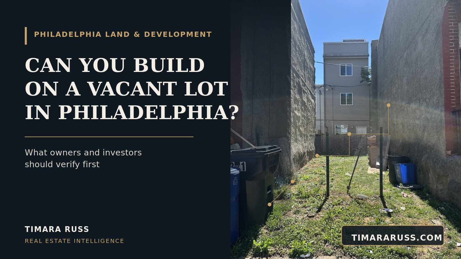 A real Philadelphia infill lot between existing rowhouses with branded development-analysis graphics.